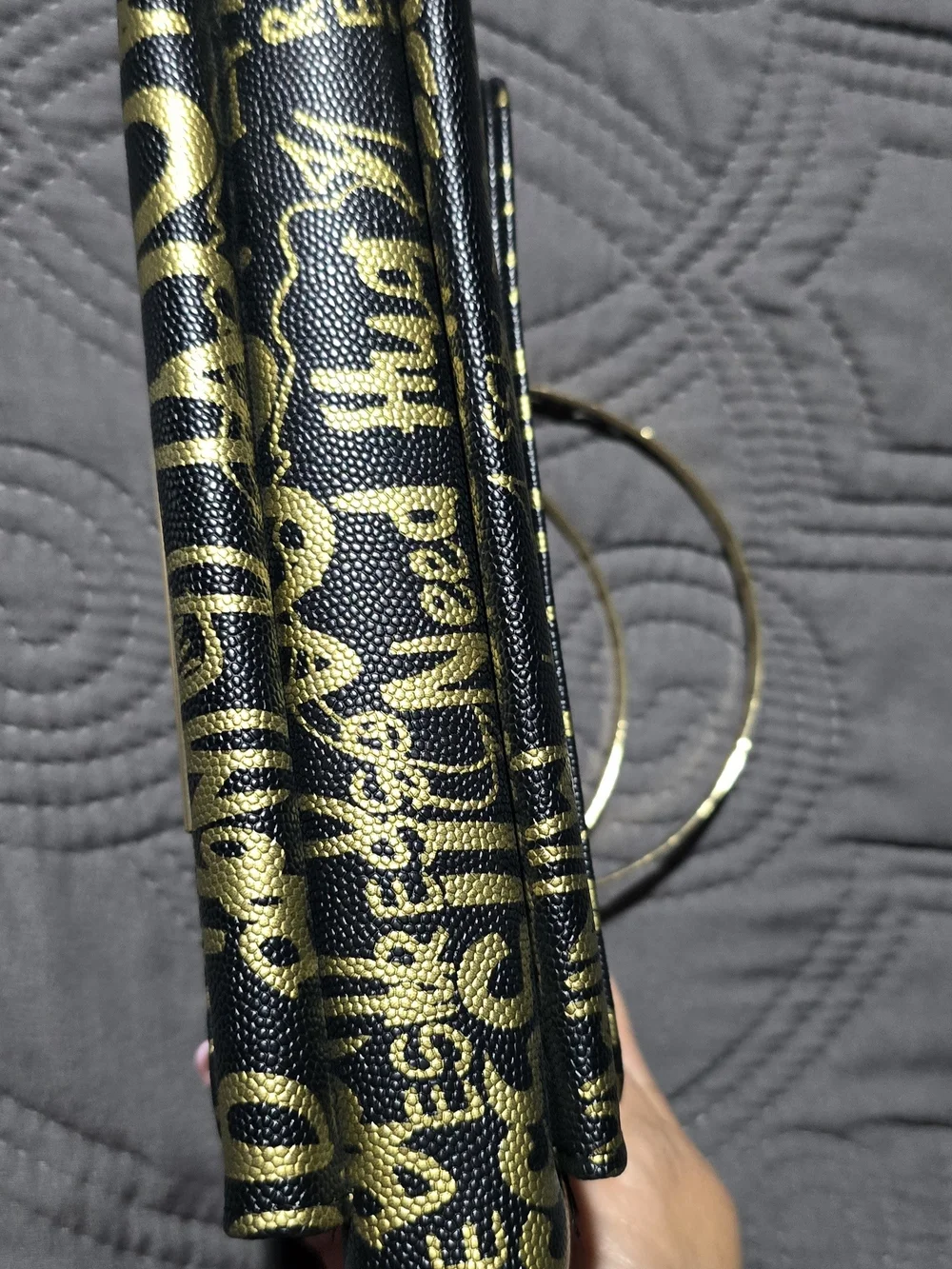 Black and Gold Graffiti Leather Top-Handle Bag